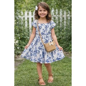 Heart And Arrow Dress Girls 7 Blue White Floral Cottagecore Summer Tiered